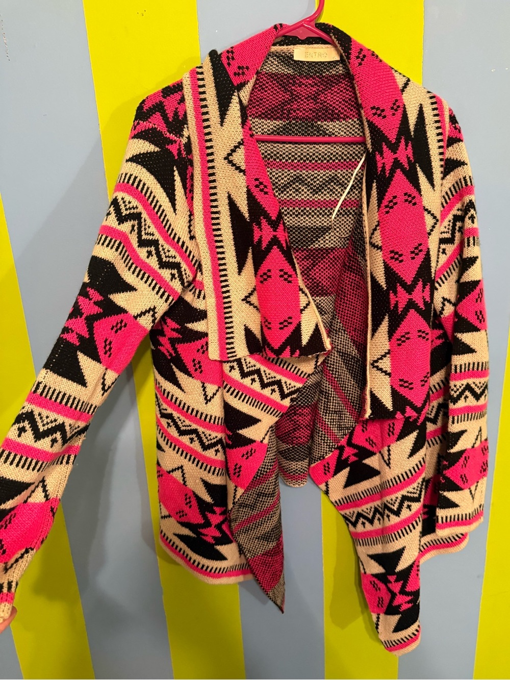entro Aztec Open-Front Cardigan Sweater - Pink, Black & Cream